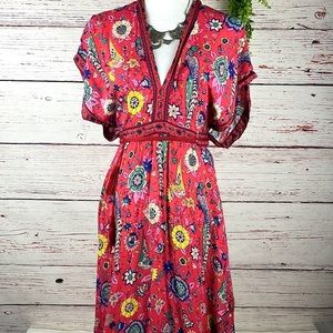 R. Vivimos Bohemian Red Bird & Floral V-Neck/Back Maxi Dress – Size Small